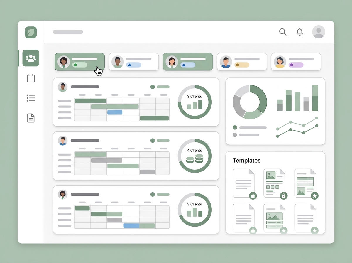 Team management dashboard showing practitioner schedules, client counts, and role badges