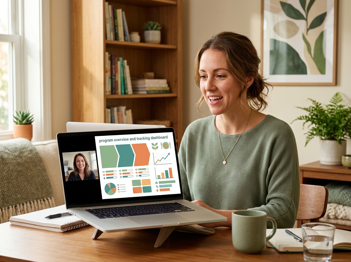 Health coach on a video call with a client, coaching dashboard visible on screen