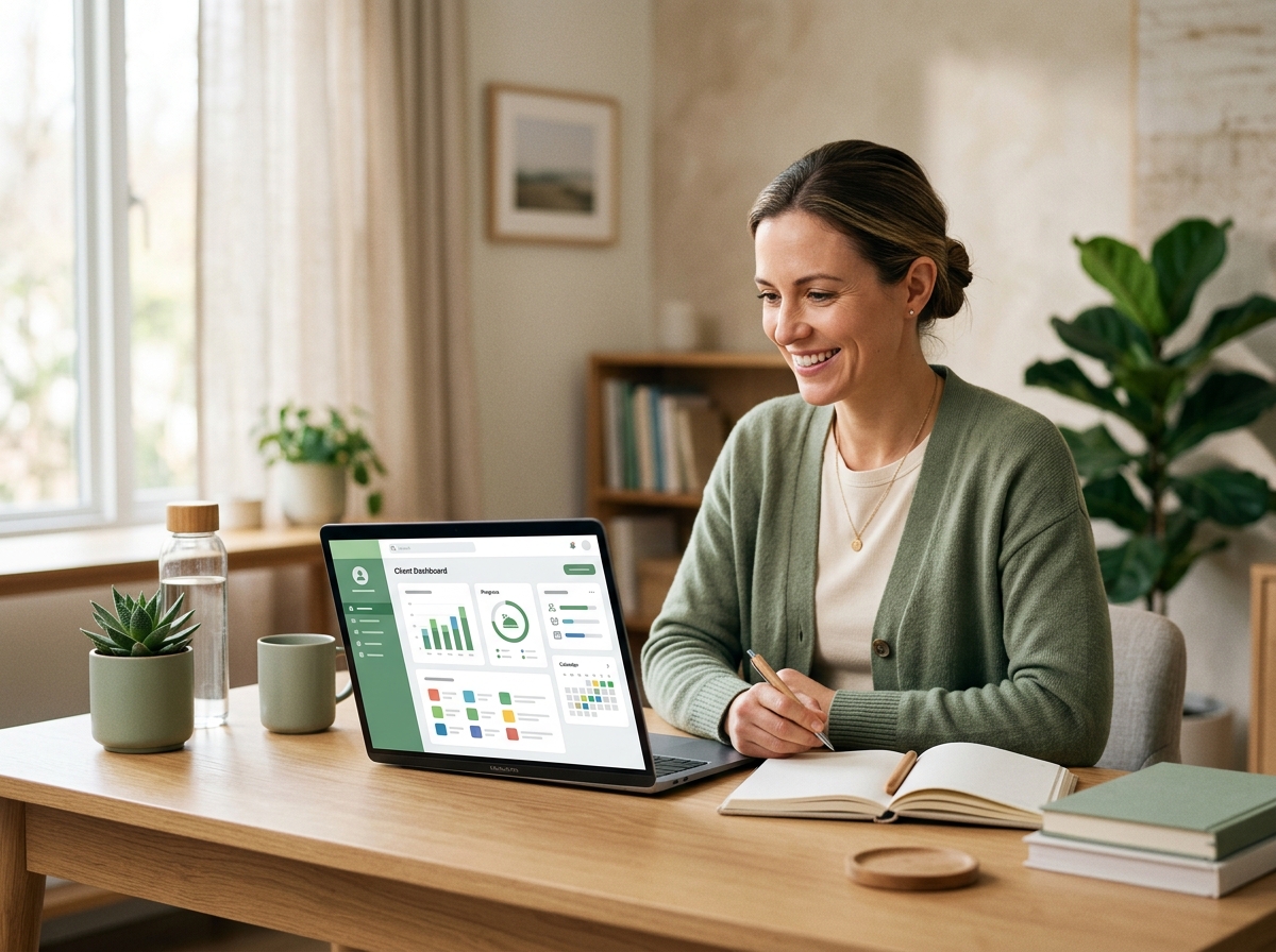 Solo nutrition practitioner at a modern desk with a laptop showing a practice dashboard