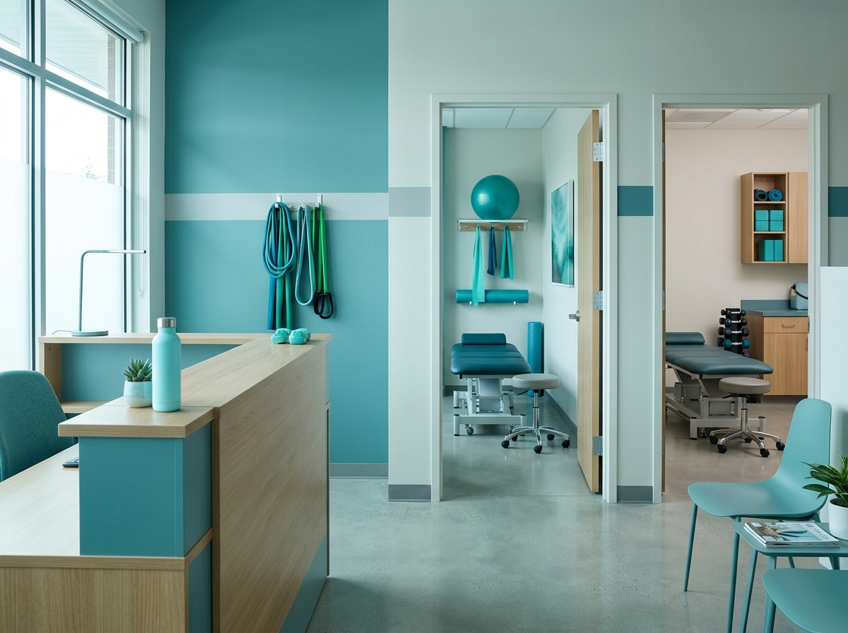 Modern wellness clinic with practitioners collaborating around client data on screens