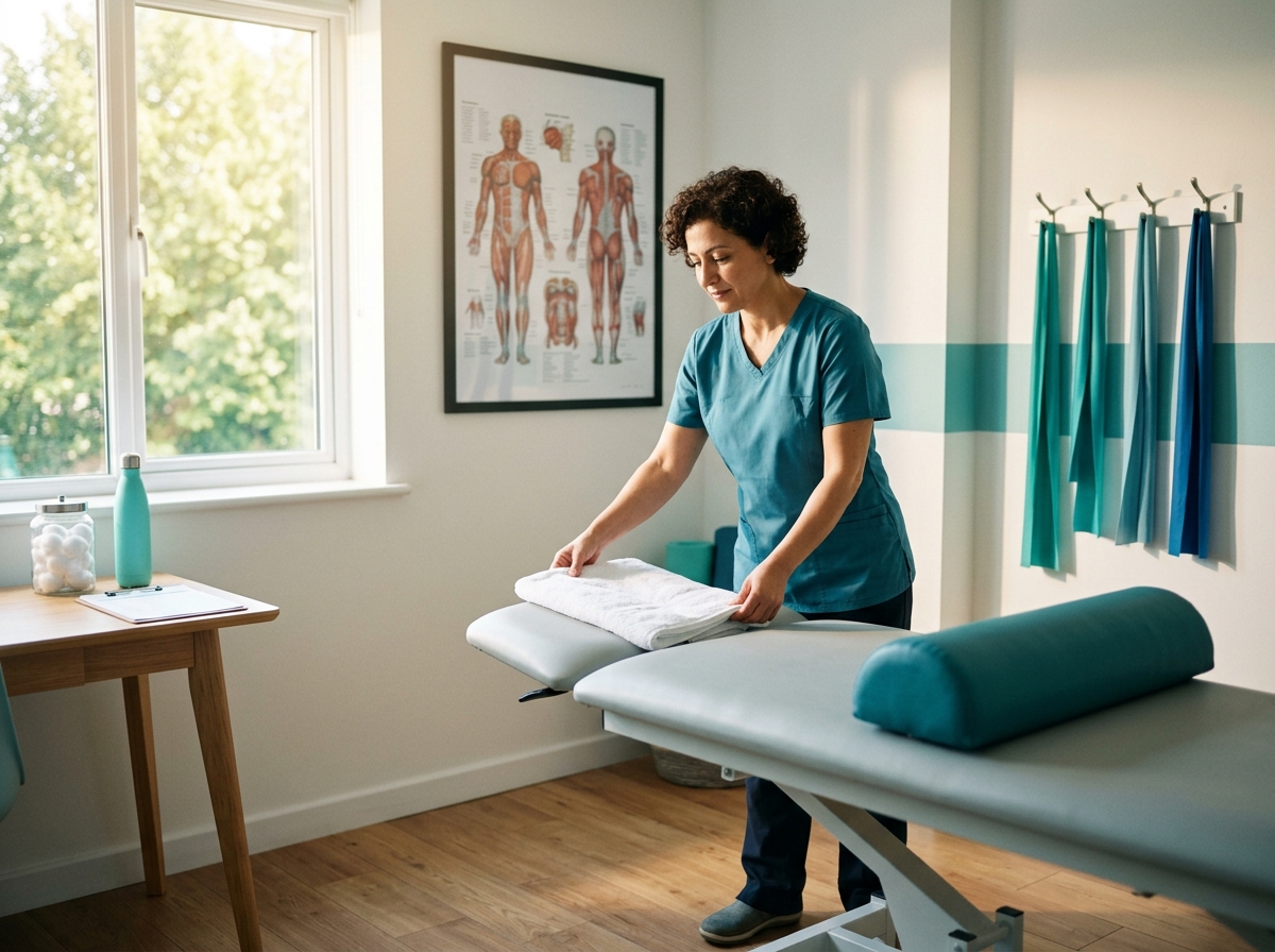 Solo physiotherapy practitioner at a modern desk with a laptop showing a practice dashboard